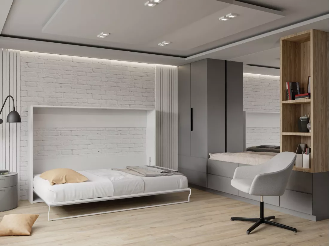 Lit escamotable 140 x 200 cm - Ouverture horizontale manuelle - Blanc et gris - MALINA II