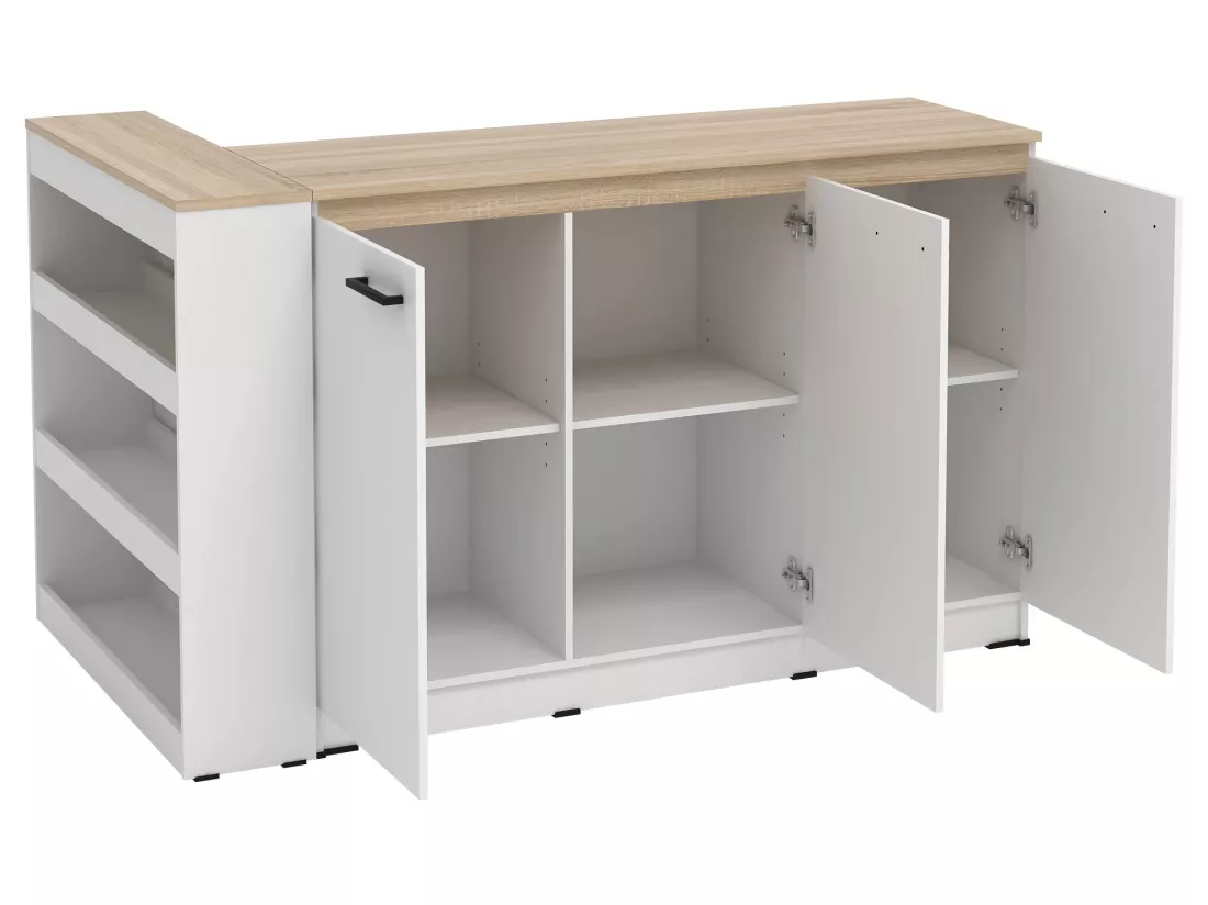 Ensemble îlot central de cuisine + 2 tabourets - Blanc et Naturel clair - NUSICE
