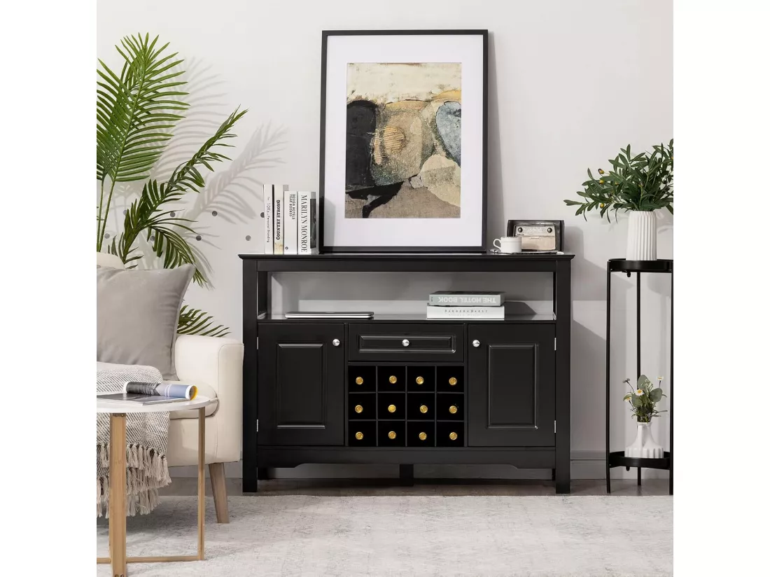Buffet Cuisine avec Casier à Vin Amovible pour 12 Bouteilles, 2 Etagèress, 1 Tiroir, 2 Placards, Armoire de Cuisine Porte-Bouteille pour Salle à Manger, Salon, 117x40,5x82,5cm (Noir)