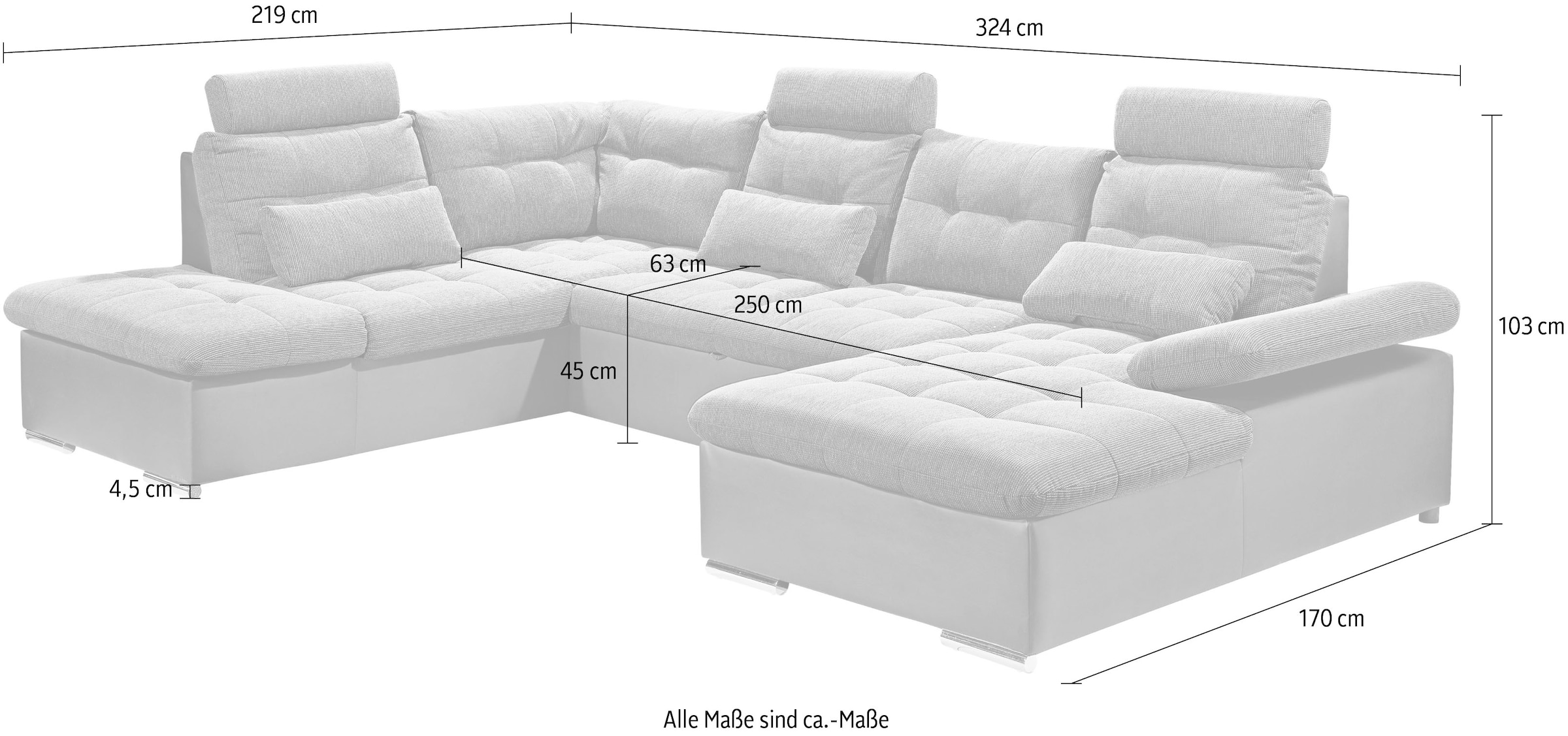 ED EXCITING DESIGN Wohnlandschaft »Jakarta U-Form mit Bettfunktion, Bettkasten« Armteilverstellung, Kopfstützen & 3 Nierenkissen