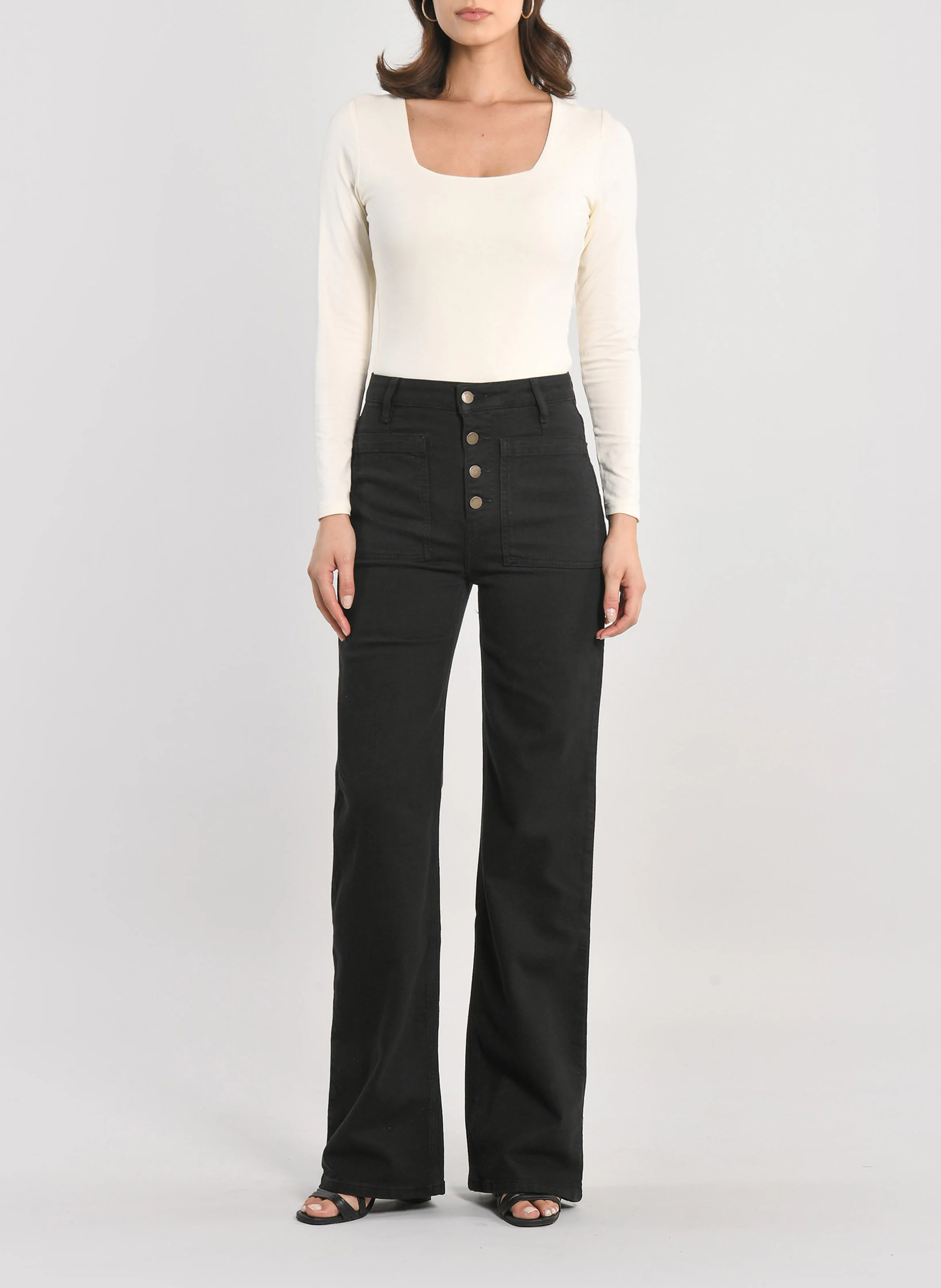 THADEE - Pantalon flare à fermeture boutonnée en coton mélangé | Noir