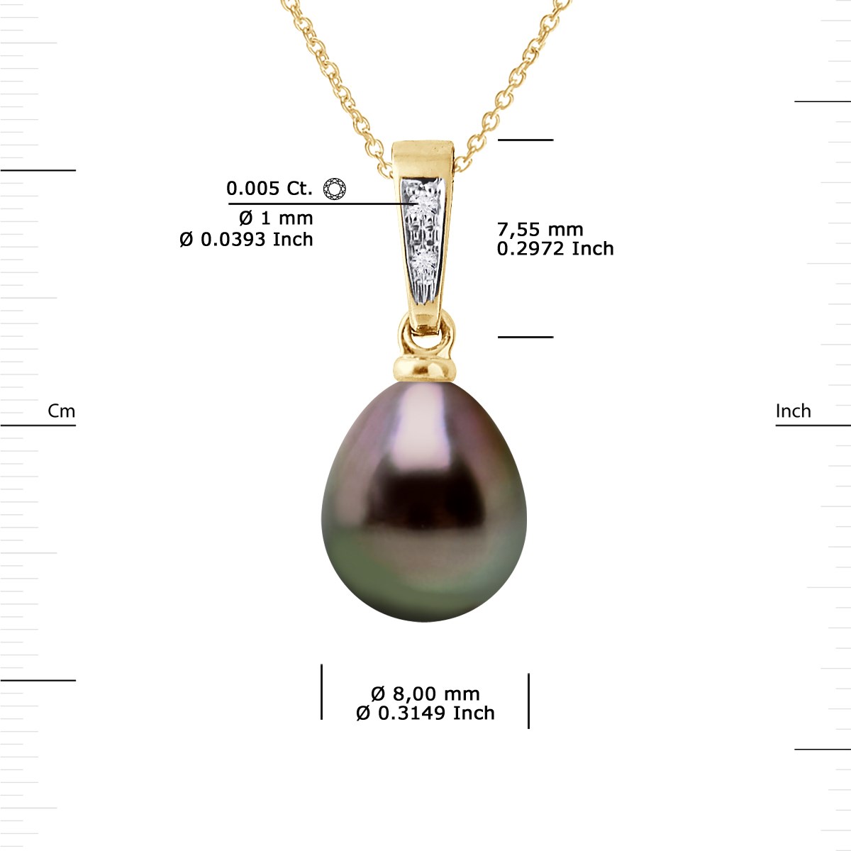 Pendentif Diamants 0,010 Cts Perle de Culture de TAHITI 8-9 mm Or Jaune