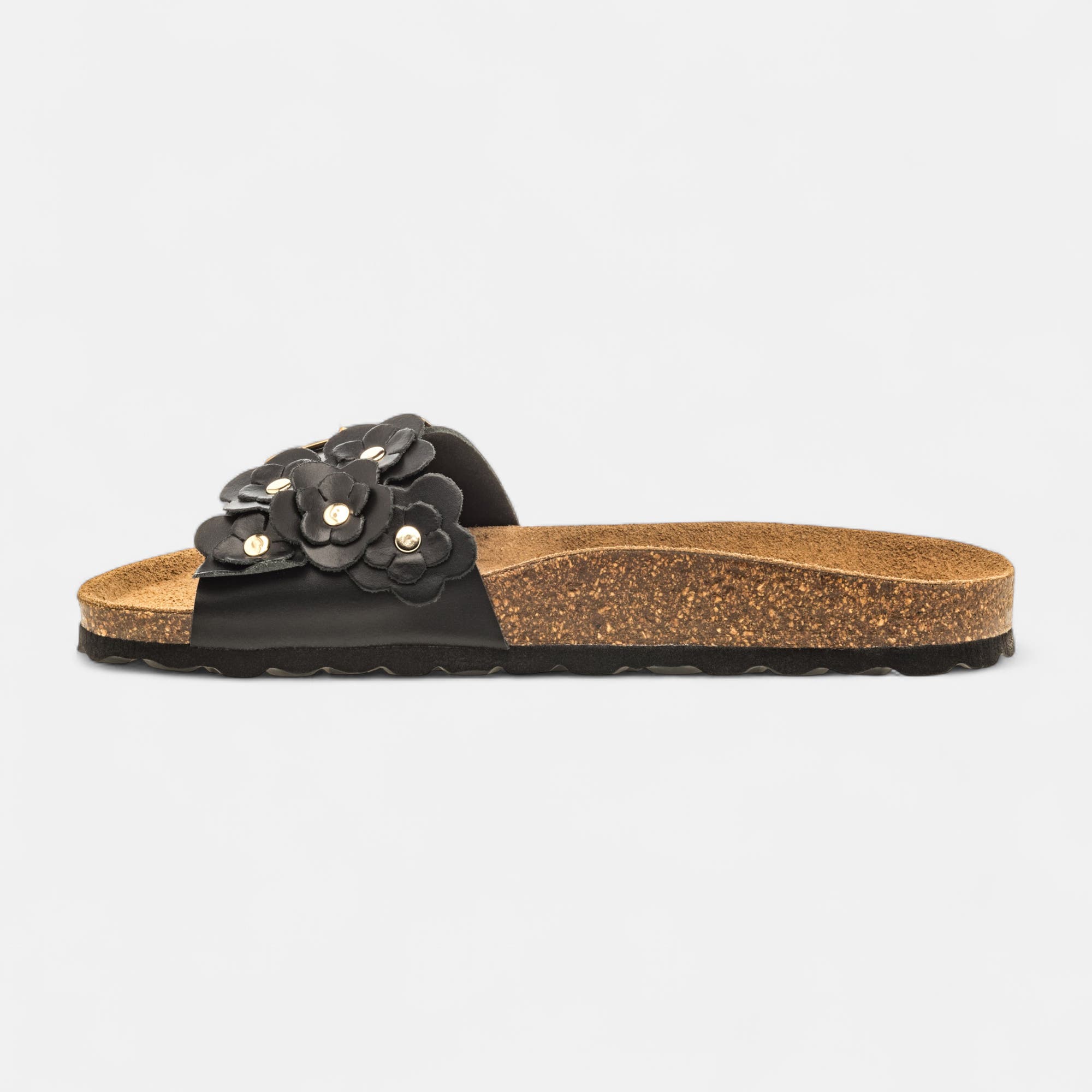Mules semelle liège Femme en cuir noir