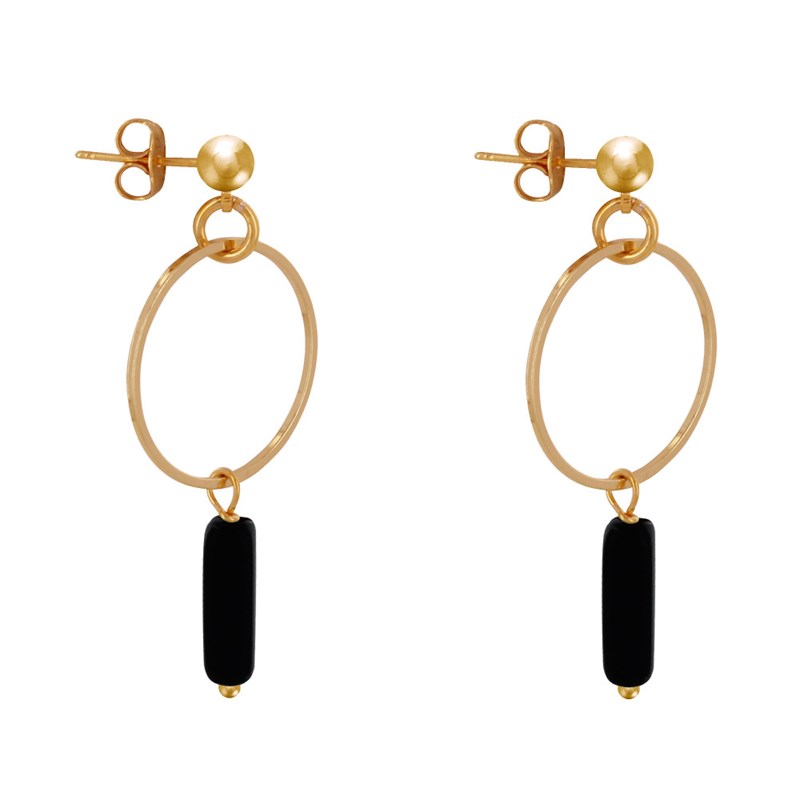 Boucles d'Oreilles Doré Cercle et Perle Rectangulaire