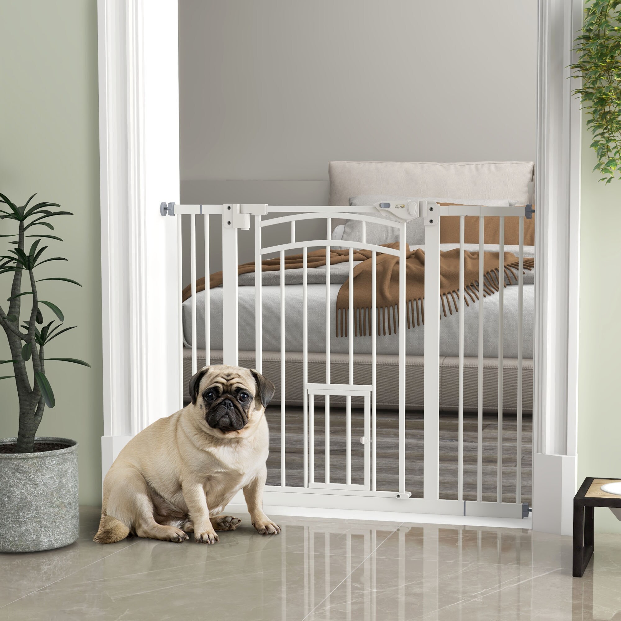 PawHut Türschutzgitter mit einer Katzentür weiß 74-100L x 4B x 76H cm