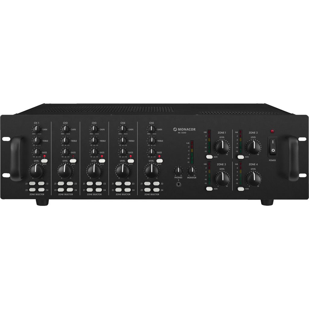 Monacor PA-12040 4-kanaals mono mixer-versterker met 4 zones