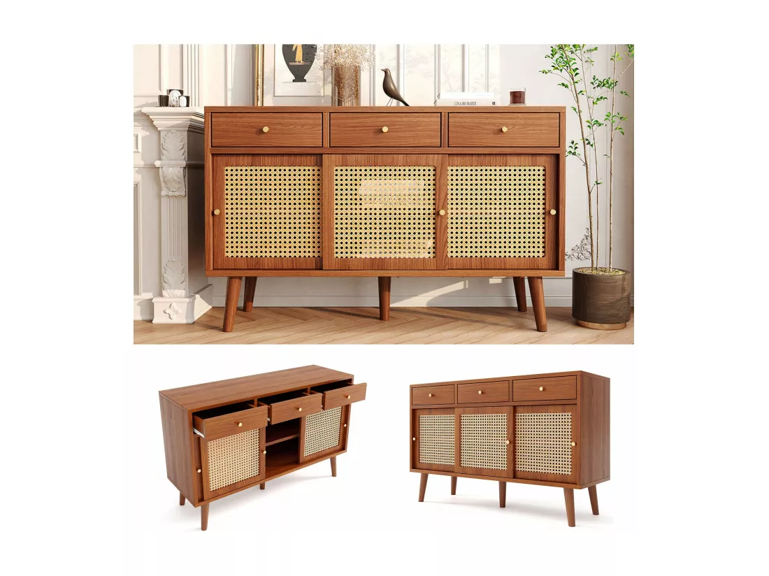 Buffet en noyer avec tiroirs et portes coulissantes en rotin, noyer,d120cm×h78cm