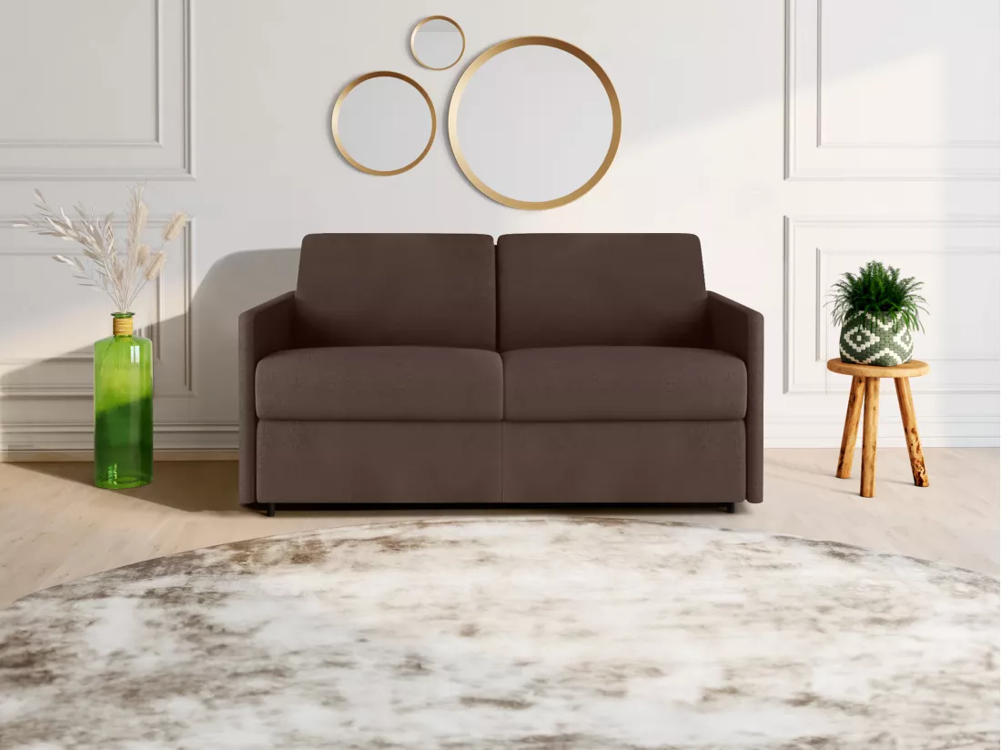 Canapé 2 places convertible express en tissu marron - Couchage 120 cm - Matelas 14 cm CALIFE