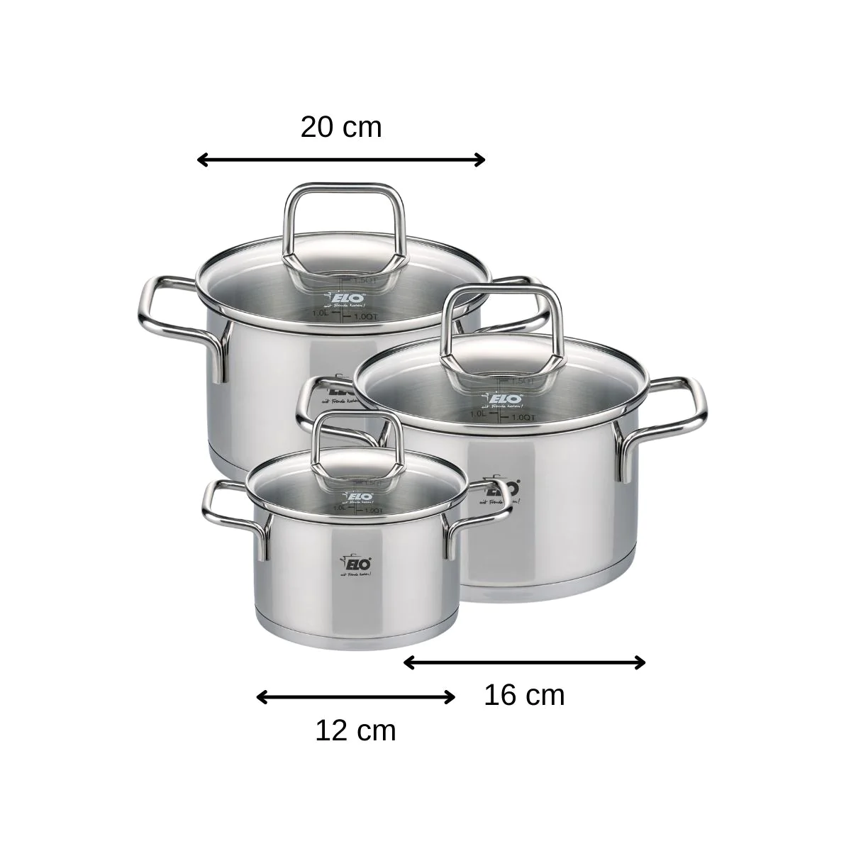Set de 3 faitouts avec couvercles en verre 12 cm 16 cm et 20 cm Citrin