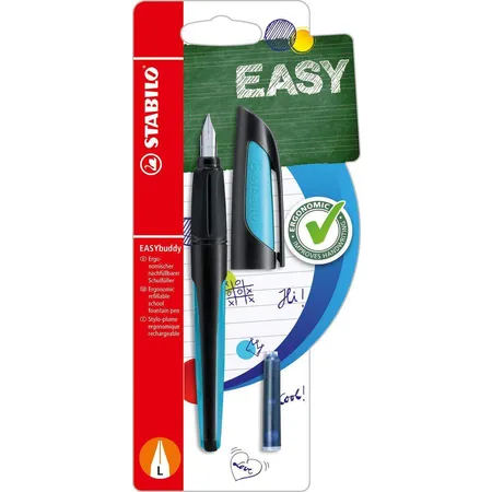 Schulfüller mit Linkshänder-Feder L - STABILO EASYbuddy in schwarz/himmelblau - Schreibfarbe blau (löschbar) - Einzelstift - inklusive Patrone