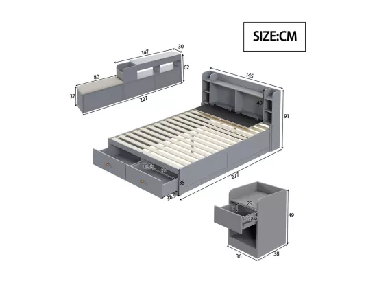 Lit combiné enfant 140 x 200 cm - Avec rangement - Avec 2 tiroirs - Avec table de chevet - Avec grand meuble de rangement - Avec tabouret - Gris (sans matelas)