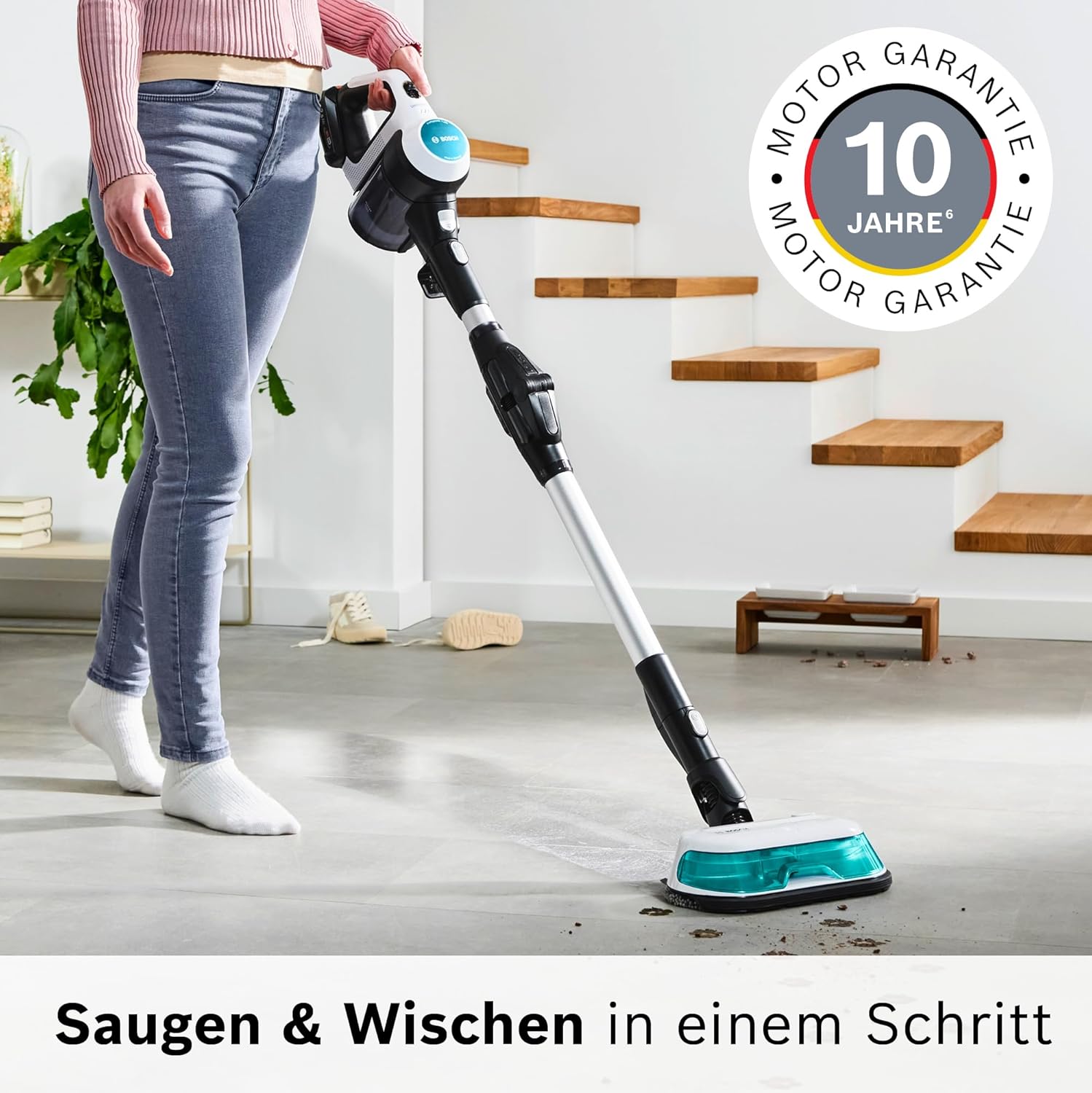 Bosch Akku-Staubsauger Unlimited 7 ProHygienic Aqua BSS712XHYG, kabellos, 2in1 Saugen & Wischen, Knickrohr, HEPA-Filtersystem, 10 Jahre Motorgarantie, 2 Akkus, Schnellladegerät, Made in Germany, weiß