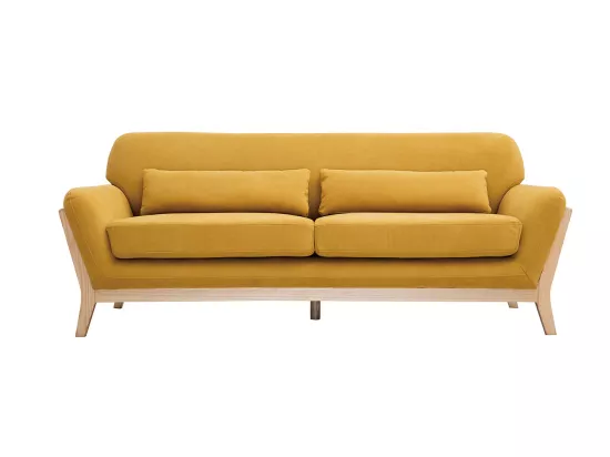 Canapé scandinave 3 places en tissu effet velours jaune moutarde et bois clair YOKO