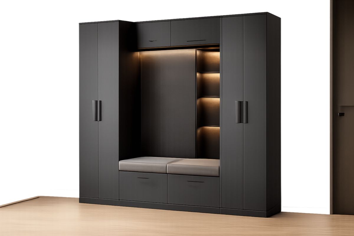 Schwarze Garderobe mit Sitzbank und Regalen aus MDF