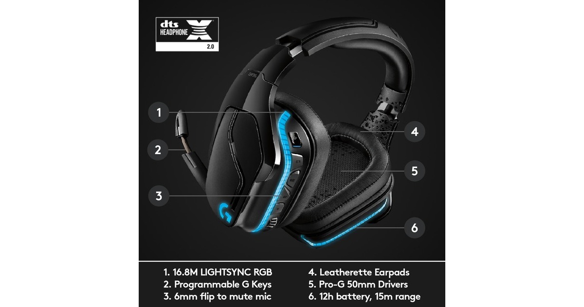LogitechG935 Wireless 7.1 Surround Sound LIGHTSYNC over-ear gaming headset  (Zwart, Pc, PlayStation 4, Xbox One, Nintendo Switch)