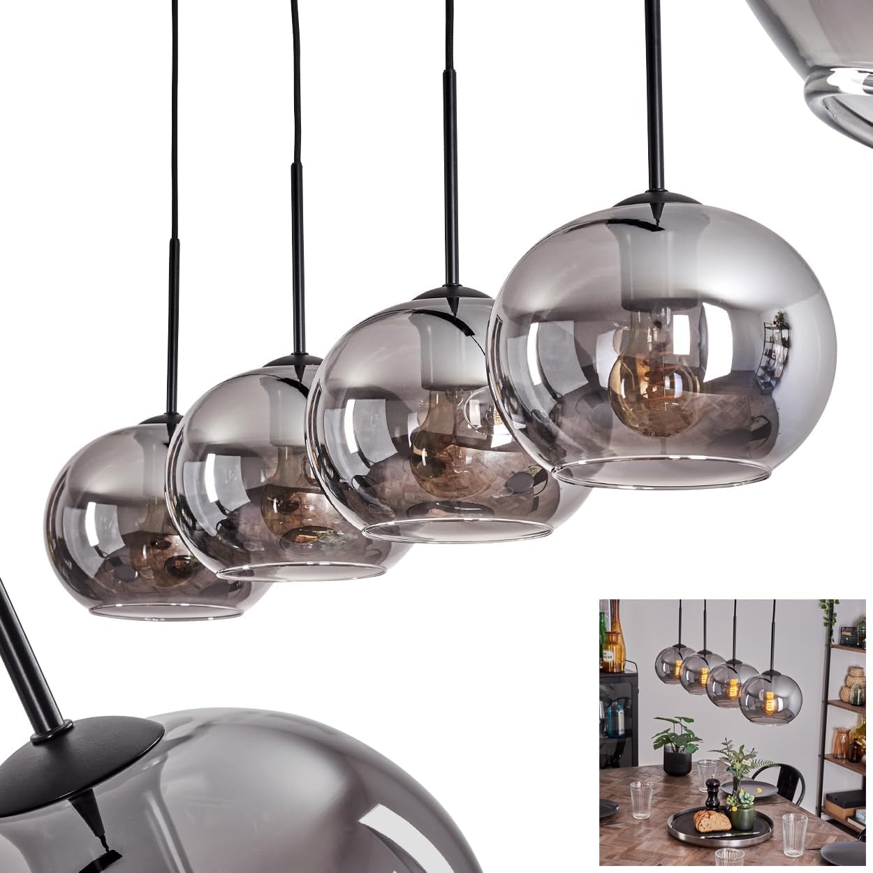 Hängeleuchte Apedo, Hängelampe aus Metall/Glas in Schwarz/Rauchfarben, Leuchte im Vintage/Retro Design mit Schirmen aus Glas (Ø 20 cm), Höhe max. 147,5 cm, 4 x E27, ohne Leuchtmittel