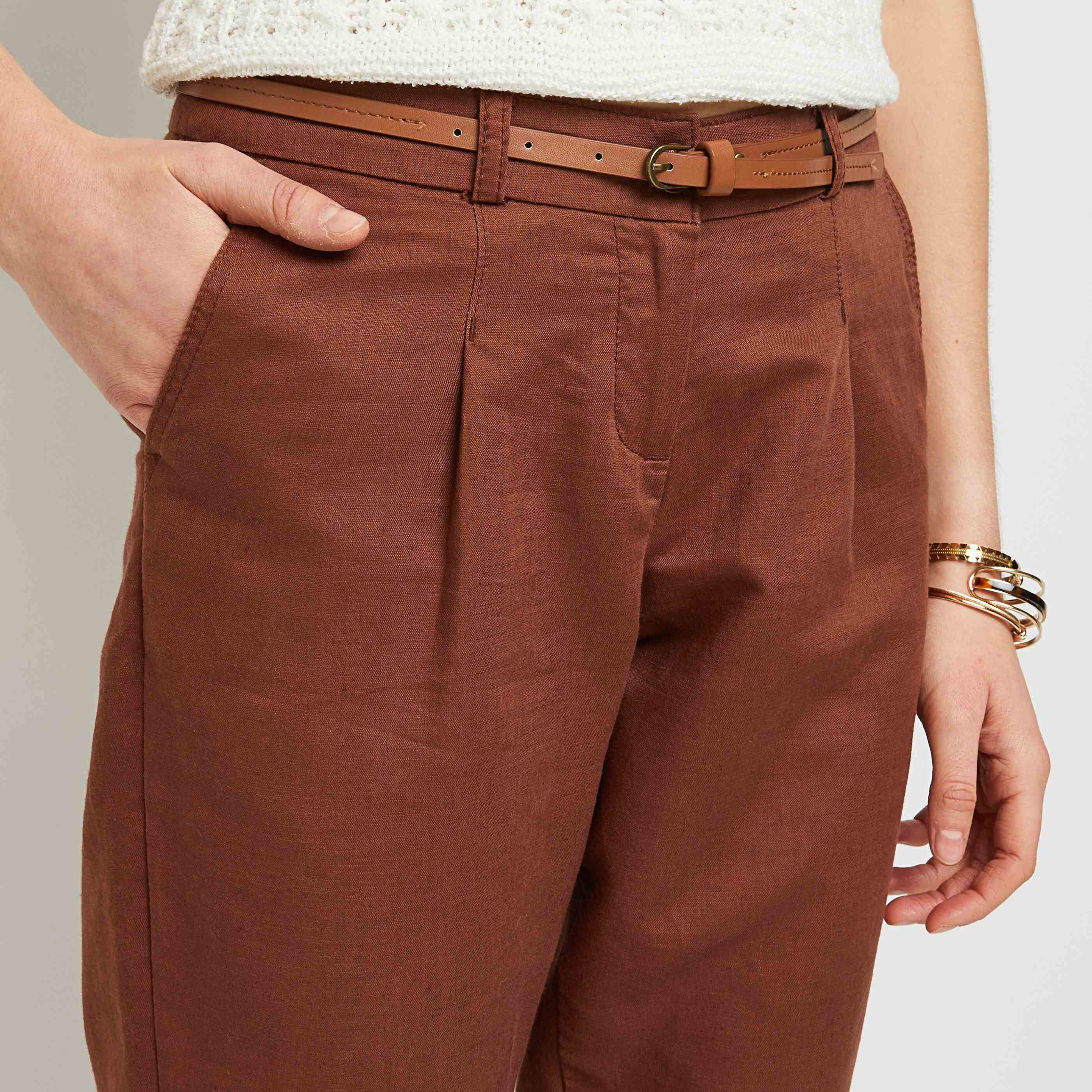 Chino lin mélangé femme - MARRON