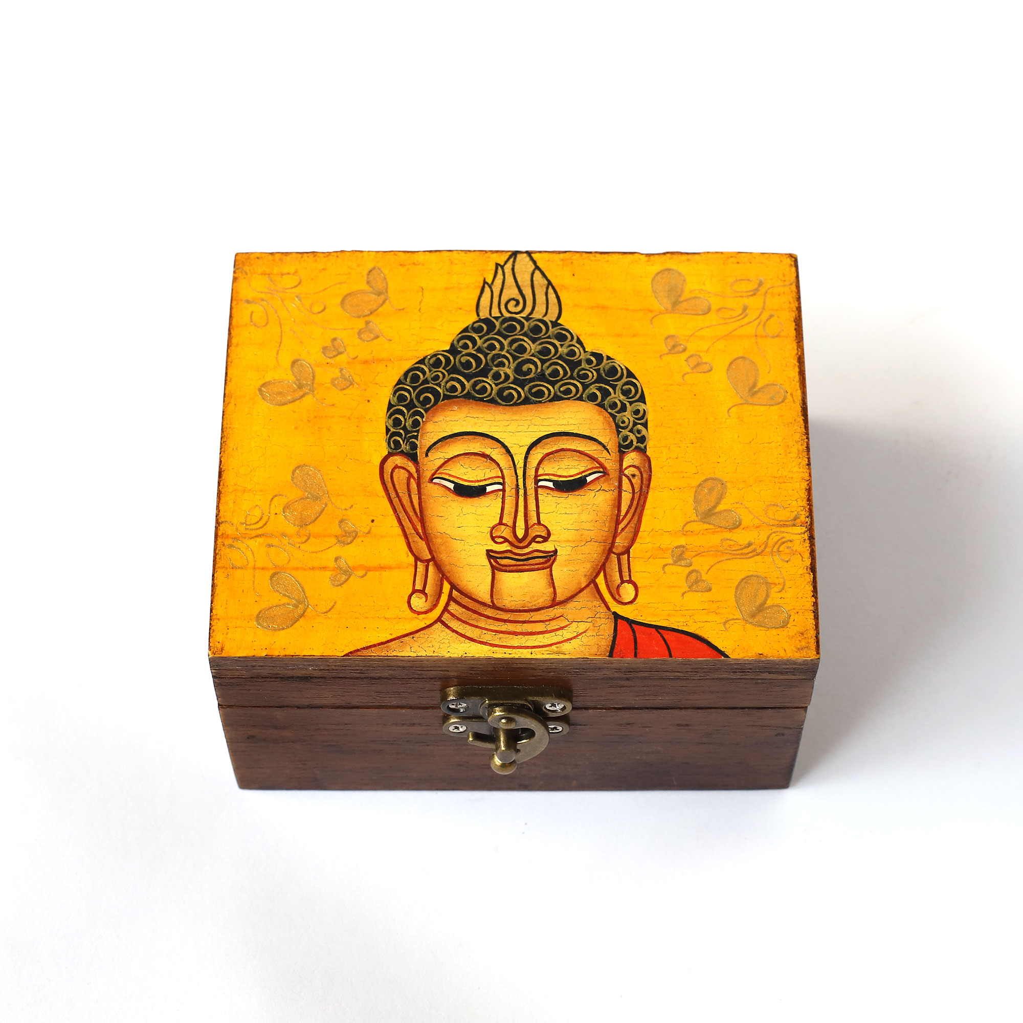 Holzschatulle 'Buddha gelb', Teak, B 12,5 cm, H 7 cm, L 10 cm von fischer's lagerhaus