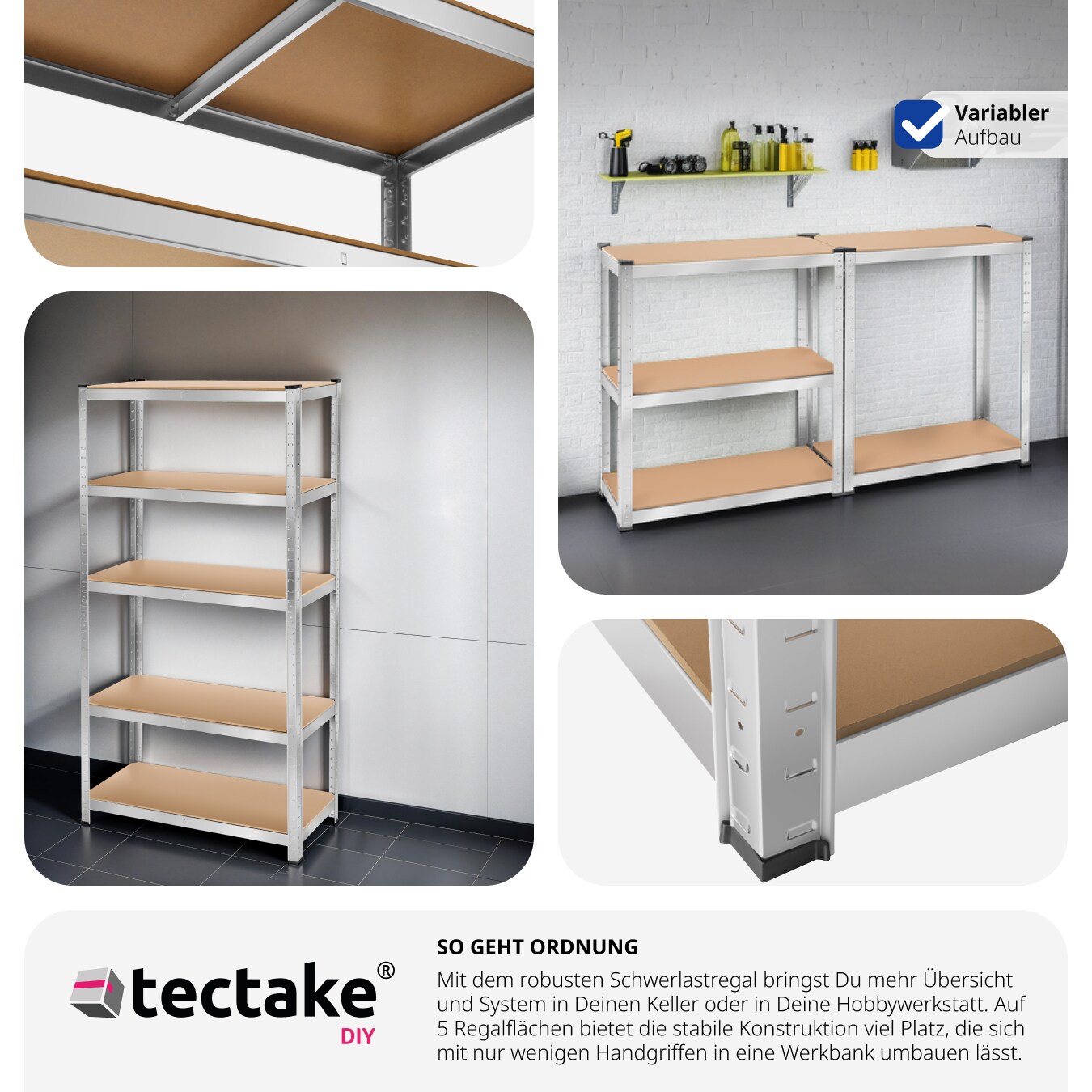tectake® Schwerlastregal, in verschiedenen Ausführungen, belastbare, höhenverstellbare MDF-Böden, schnelle Montage