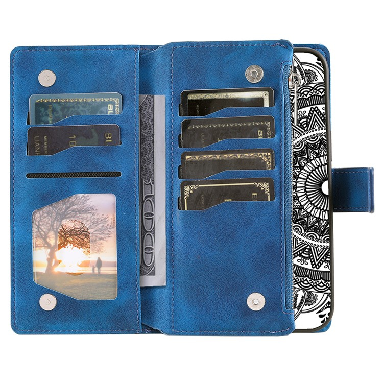 Samsung Galaxy A56 Leder Tasche Flip Cover mit Reissverschluss - Mandala Flowers Imprint - Blau