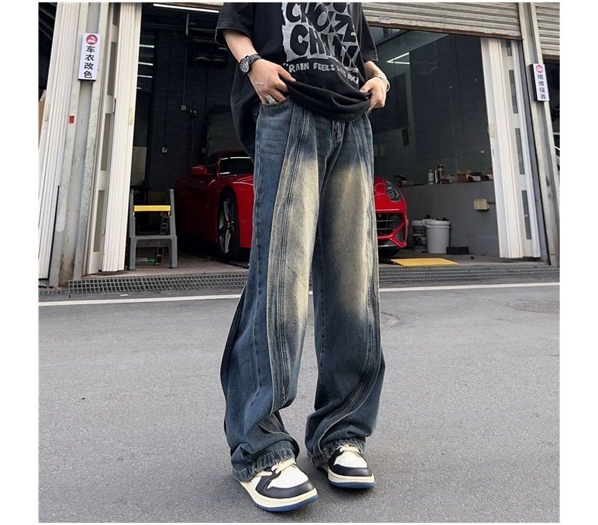 Hushgrain - Mid Rise Washed Panel Straight Leg Jeans