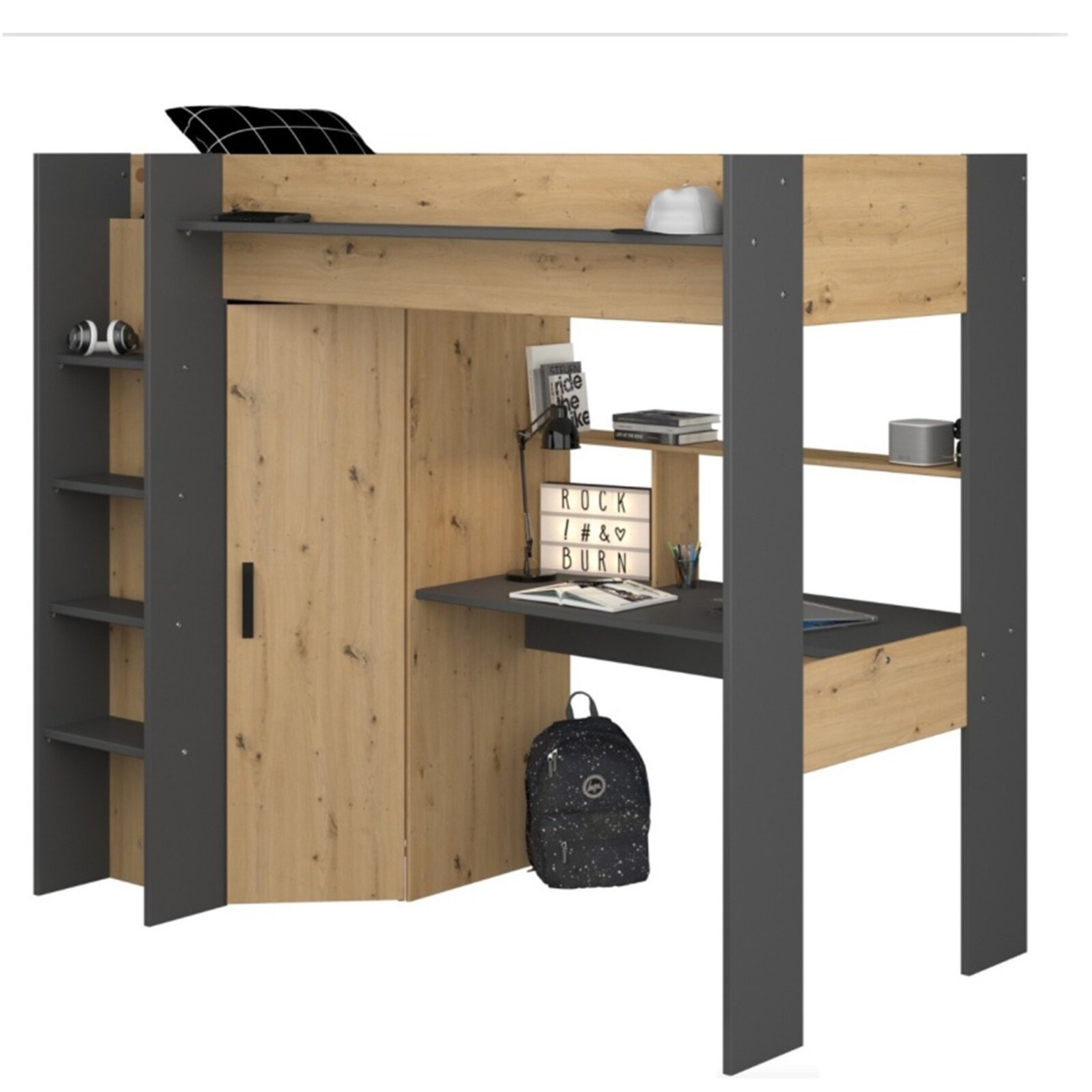 Hochbett HEAVY - Artisan Eiche - schwarz - 90x200 cm