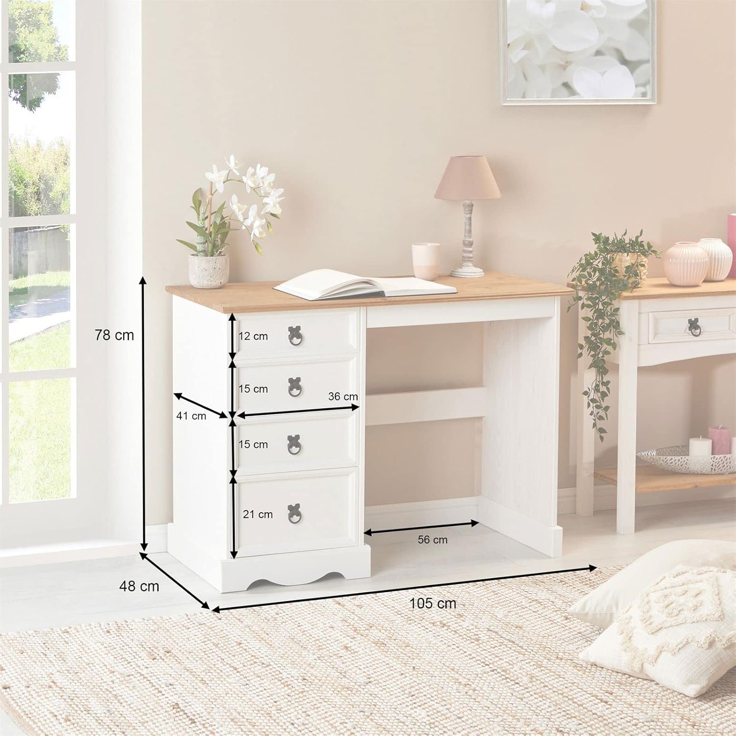 CARO-Möbel Schreibtisch Campo im Landhausstil, eleganter Tisch aus massiver Kiefer, Bürotisch mit Schubladen