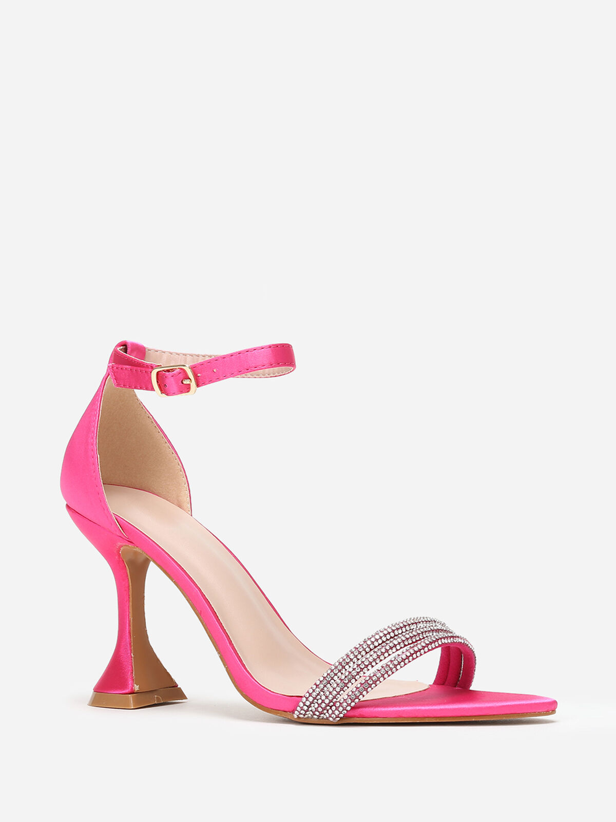 Sandales satinées à strass et talon bobine- Rose