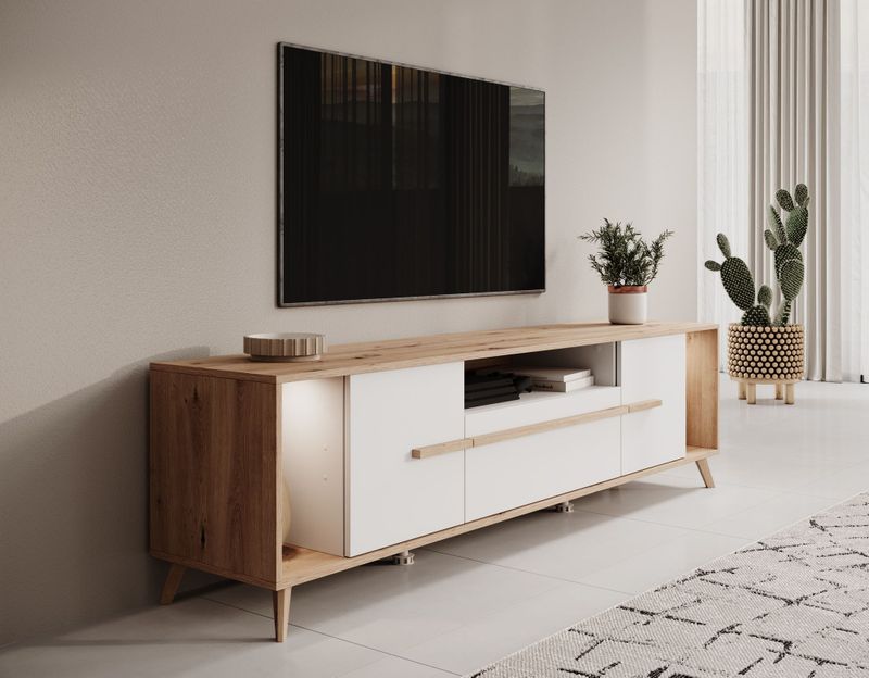 Meubella - TV-Meubel Oswald - Wit - 189 cm - Inclusief LED-verlichting