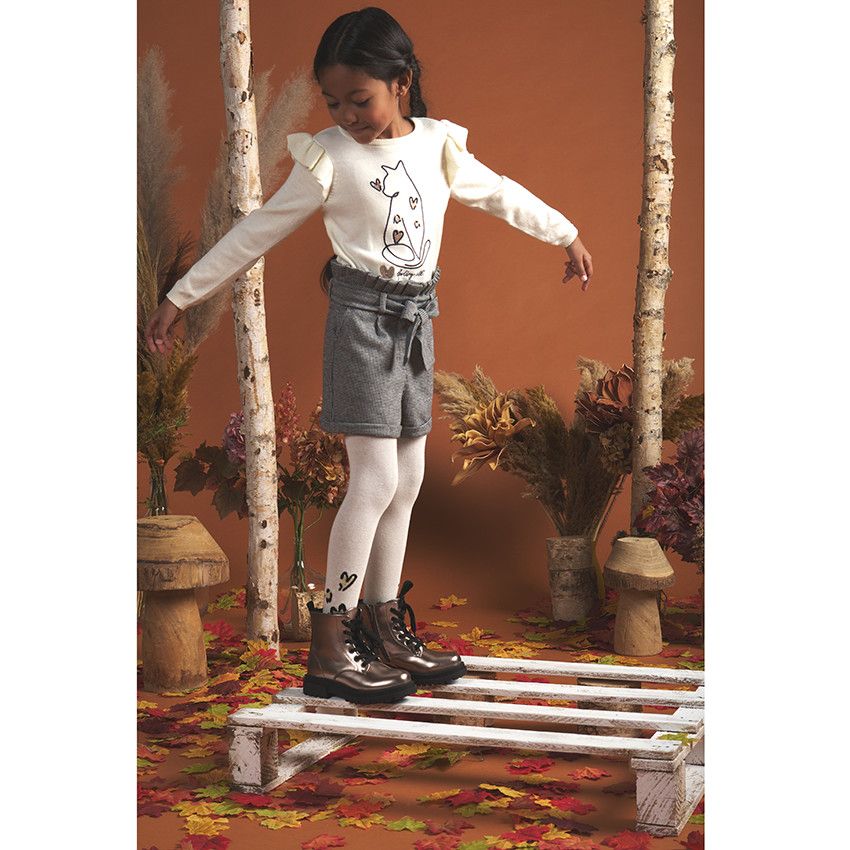 Short à carreaux avec ceinture à nouer pour fille - Gris foncé