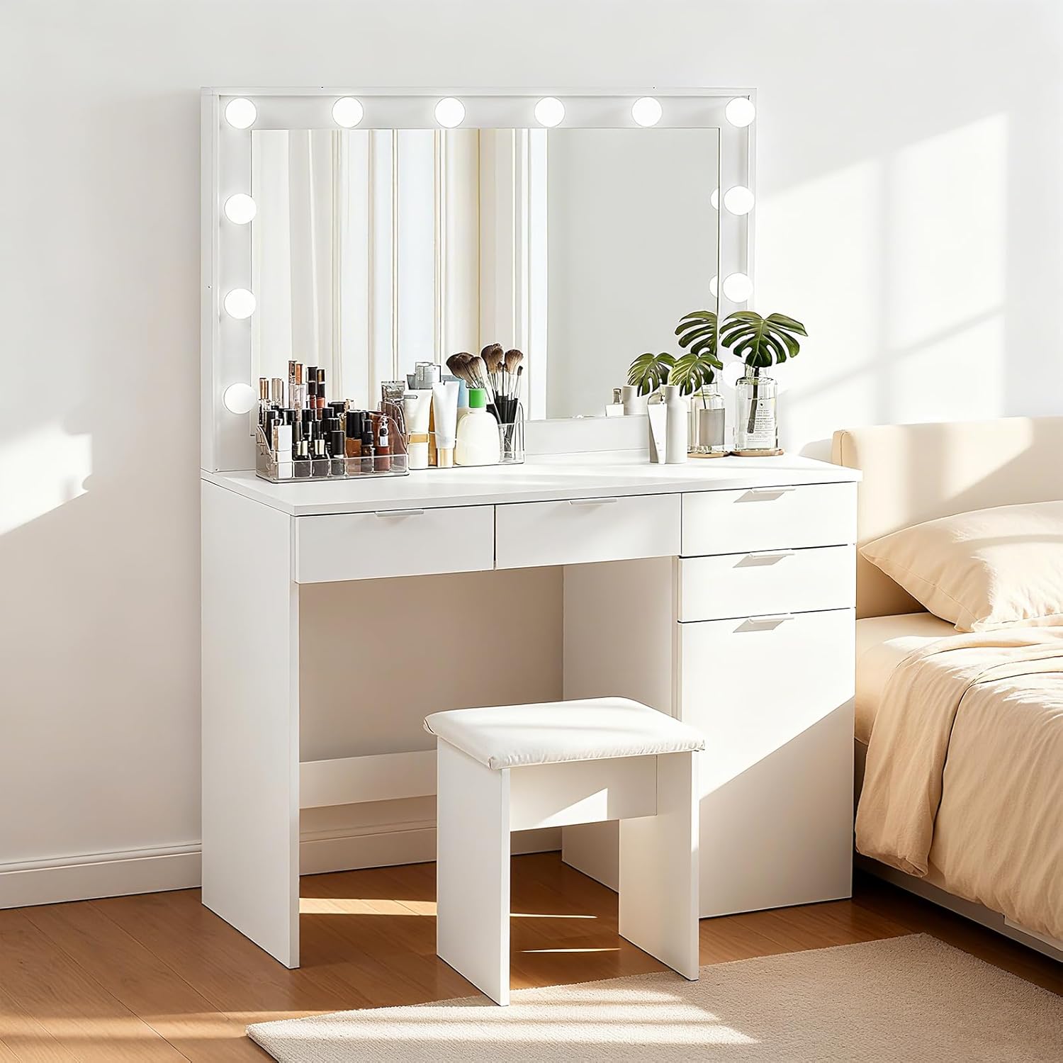 CLIPOP Große Schminktisch mit LED-Beleuchtung und Spiegel, Vanity Table, Kosmetiktisch mit 4 Schubladen und Kabinett, Frisiertisch mit Hocker für das Schlafzimmer, Weiß