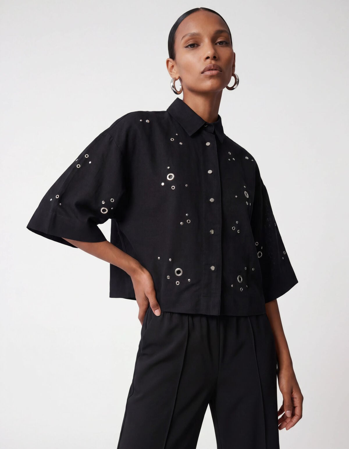 Linnen Eyelet Blouse Zwart