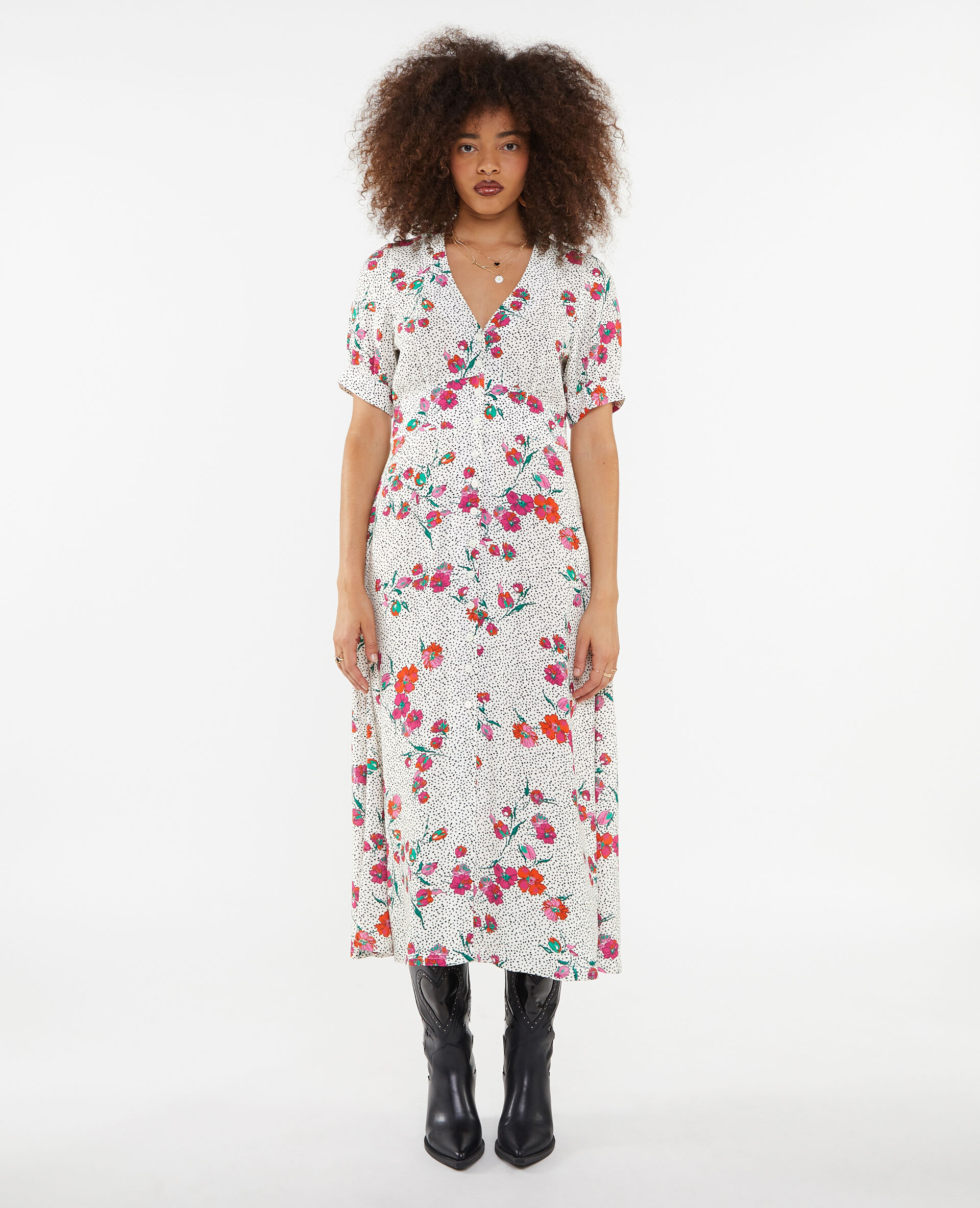 Robe longue boutonnée motif cœurs et fleurs - Blanc