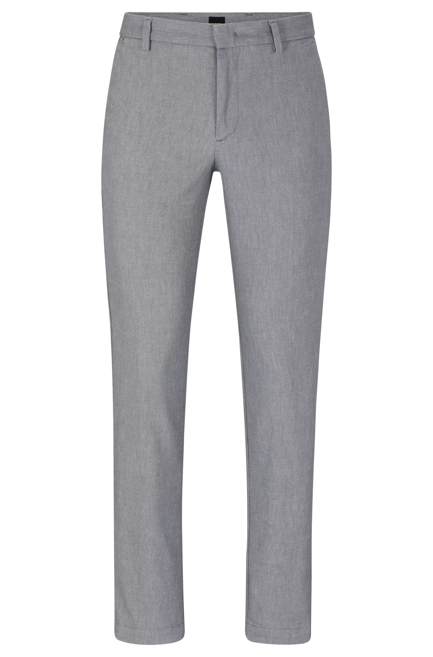 Calça chino BOSS preta, corte slim, com microestampa e acabamento escovado.