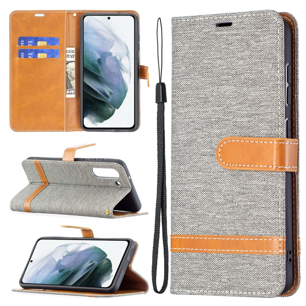Samsung Galaxy S21 FE 5G Stoff Tasche im Jeans Look mit Kartenfach   Magnetverschluss - Grau / Braun
