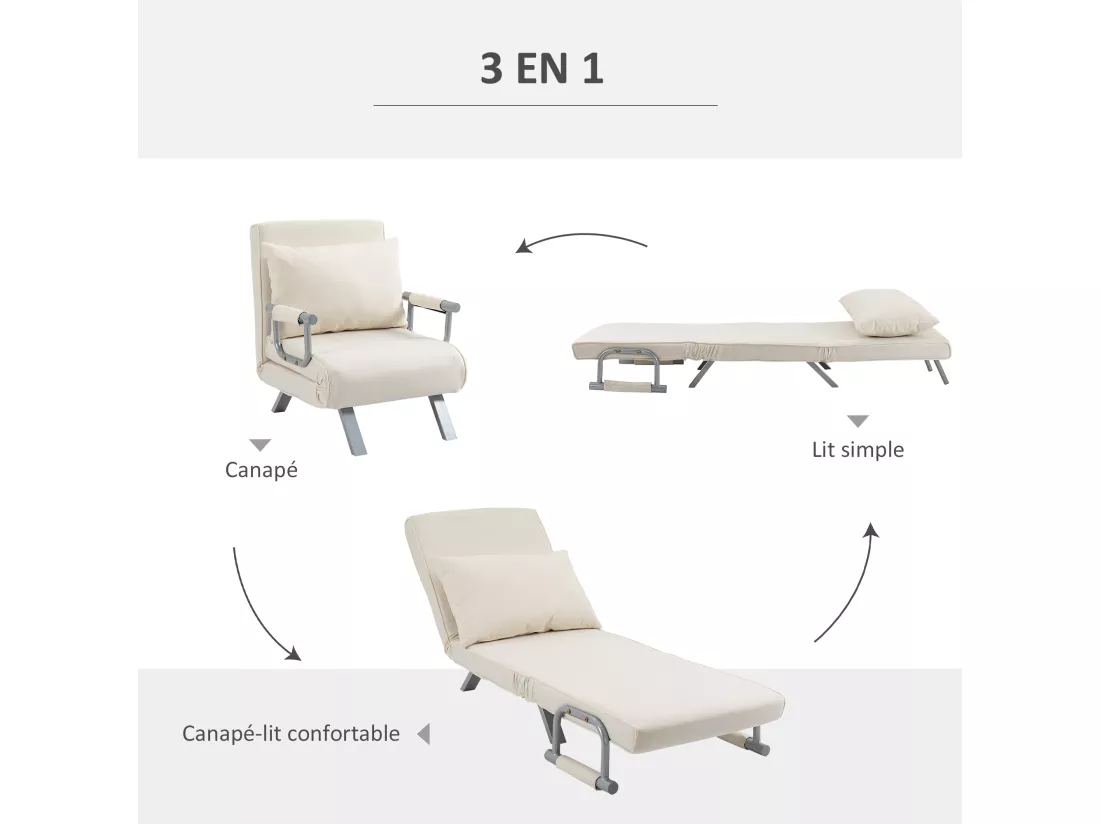 Fauteuil chauffeuse canapé-lit convertible 1 place déhoussable grand confort coussin pieds accoudoirs métal suède crème