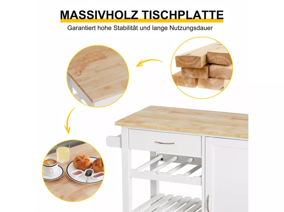 Desserte de cuisine, 3 niveaux, avec 4 roues et porte-serviettes, 1 porte et 1 tiroirs, îlot central cuisine, 80x40.5x80CM