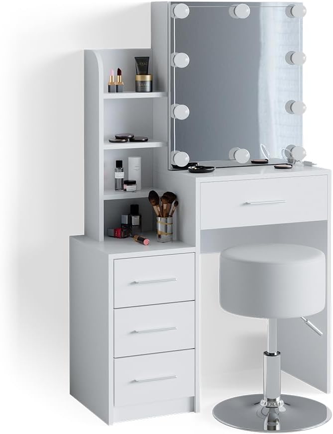 Vicco Schminktisch Conrada, Weiß, 80 cm mit LED Beleuchtung und Hocker