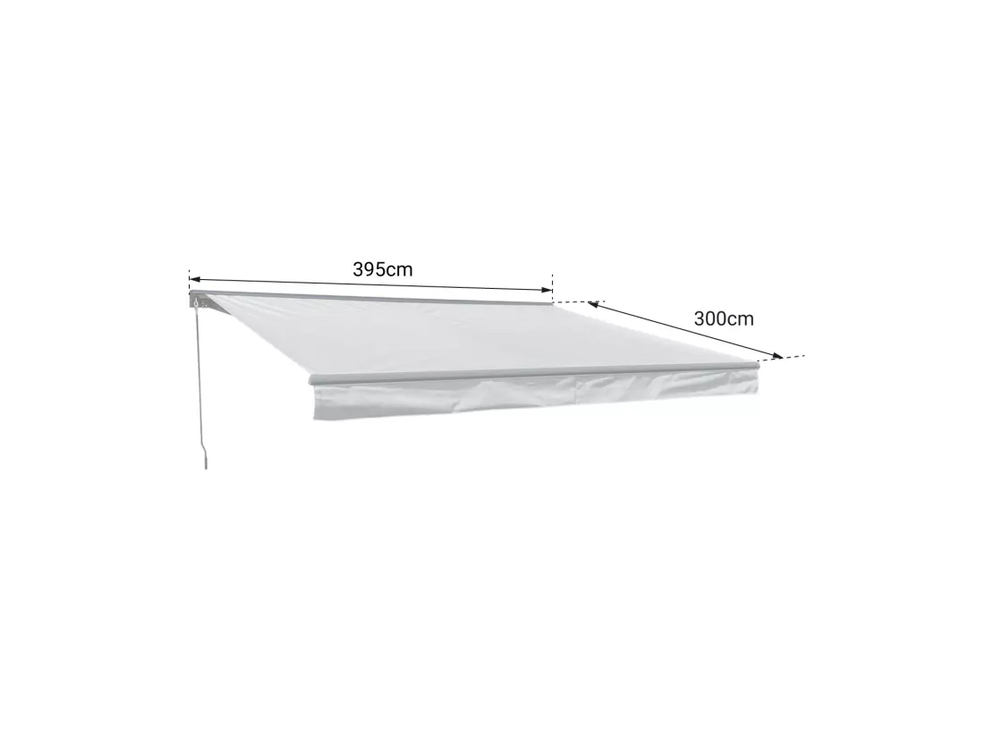 Store banne SAULE 3,95 × 3m avec semi-coffre - Toile rayée blanche/grise et structure blanche - HAPPY GARDEN