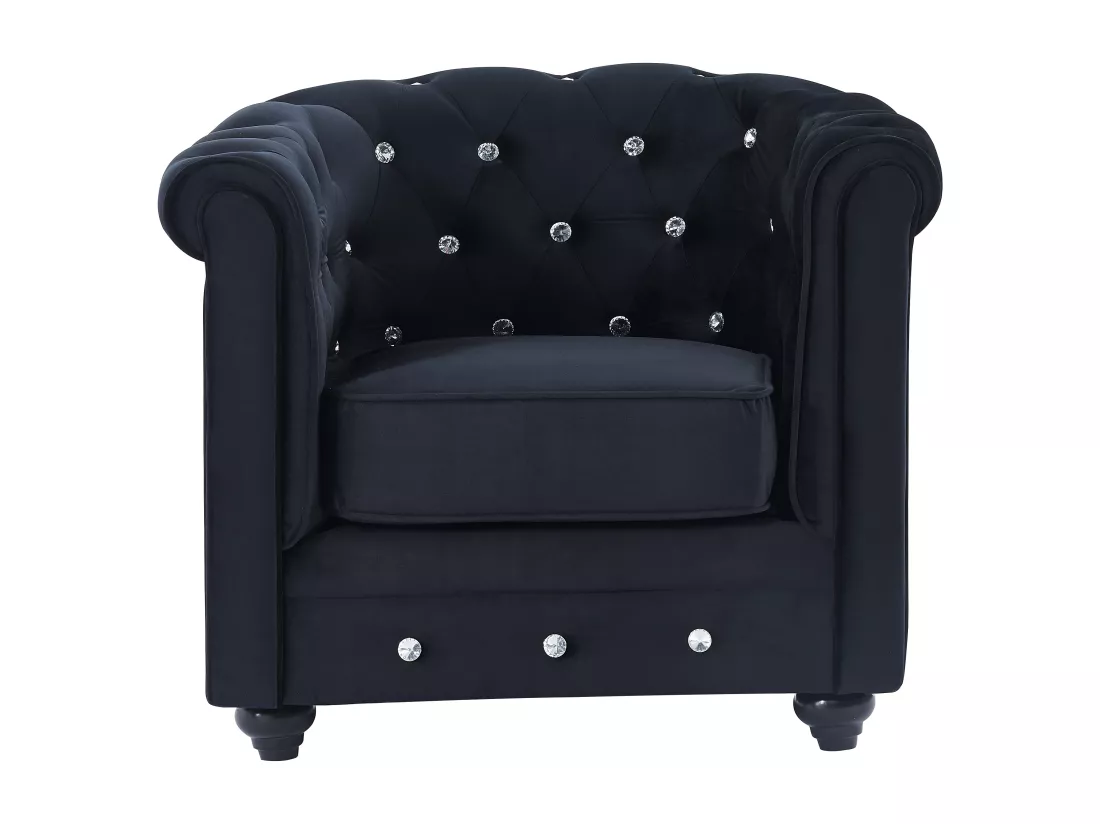 Canapé 3 places et 2 fauteuils CHESTERFIELD - Velours noir et boutons effet cristal