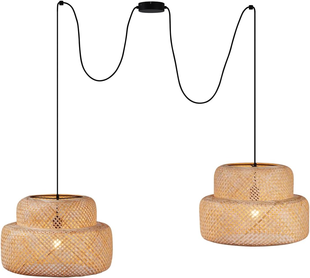 QAZQA - Japandi Japandi-Pendelleuchte I Pendellampe I Hängelampe I Pendellampe I Pendelleuchte I Lampe I Leuchte Schwarz mit Bambus 2-flammig - Kea I Wohnzimmer I Schlafzimmer - Stahl - LED geeignet E