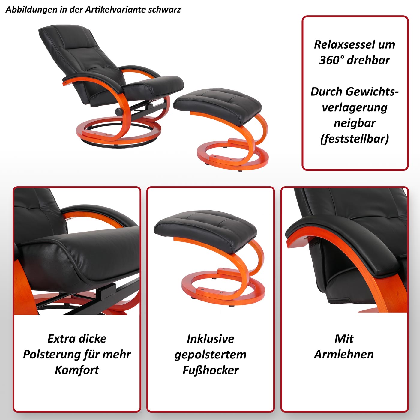 Fernsehsessel Aprilia, Kunstleder, mit Hocker ~ schwarz