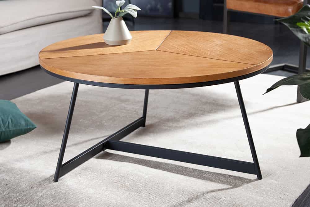 Runder Couchtisch OAK ELEGANCE 80cm Eiche Holz-Design schwarzes Metallgestell
