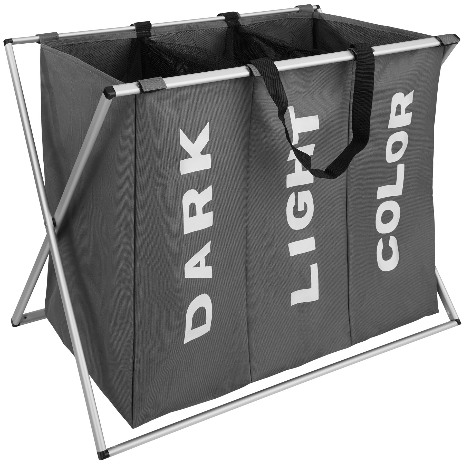 tectake® Wäschesortierer, mit Aluminiumgestell, herausnehmbareTasche mit 3 Fächern und 2 Trageriemen, inklusive Netzabdeckung, 65 x 37,5 x 56,5 cm