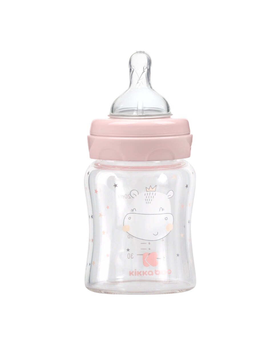 Kikkaboo Baby Glasflasche 120 ml, Weithalsöffnung, Silikonsauger Größe S, Deckel rosa