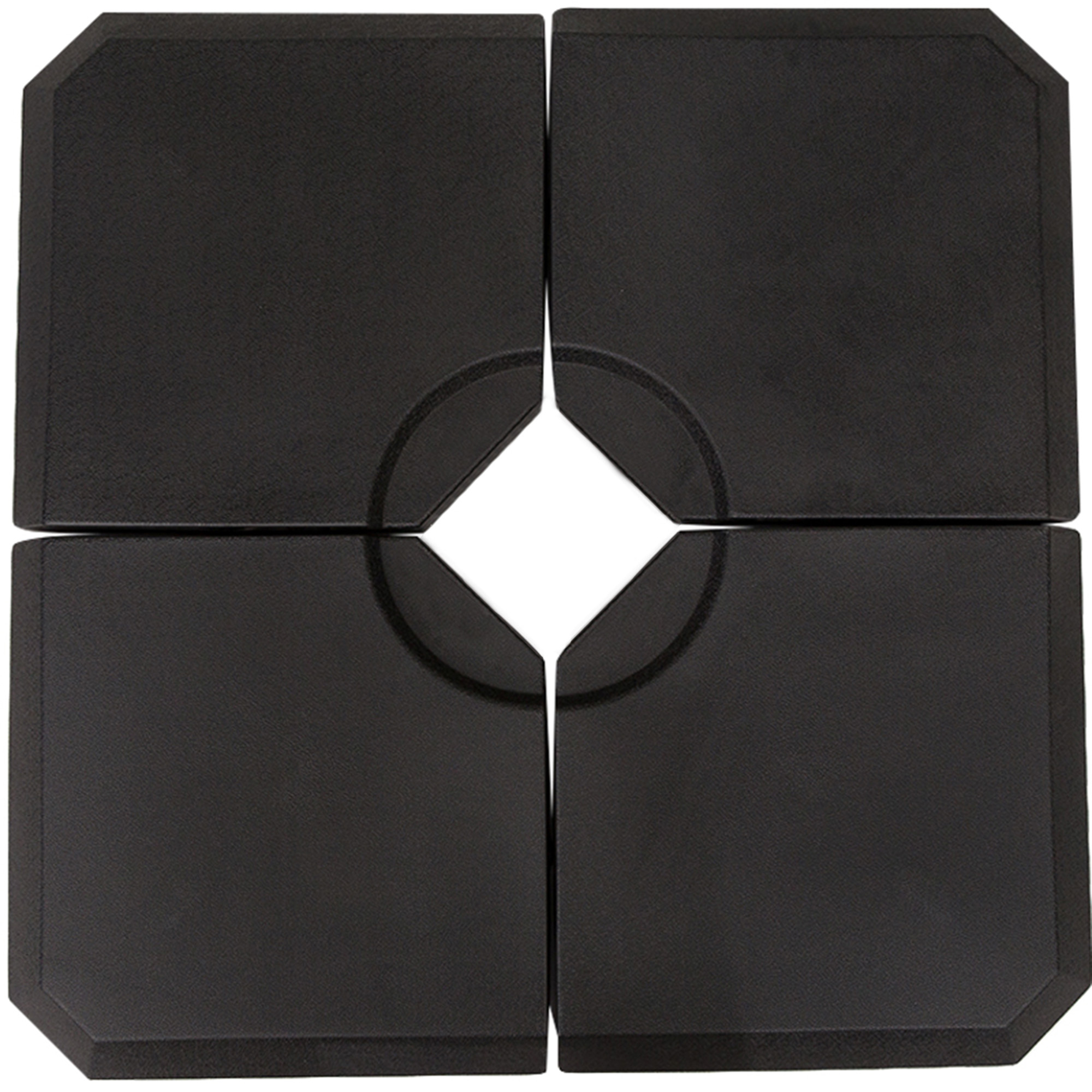 Conjunto de 4 peças Outsunny com base para guarda-sol, ideal para pátio ou jardim. Pode ser preenchido com até 80 kg de água ou 120 kg de areia. Estável, mede 100 x 100 x 9,5 cm e é preto.