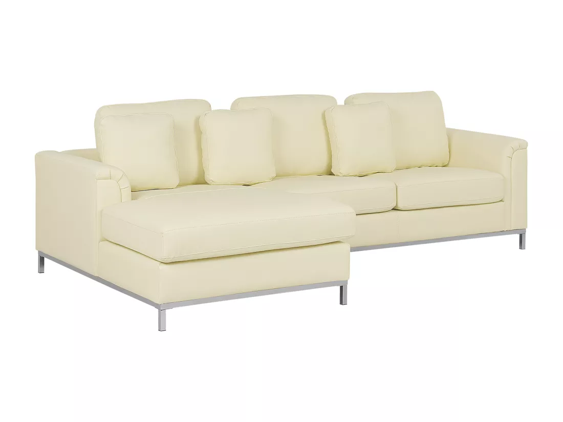Canapé Angle à gauche en Cuir Véritable Beige Dossier Matelassé Housses Amovibles Oslo