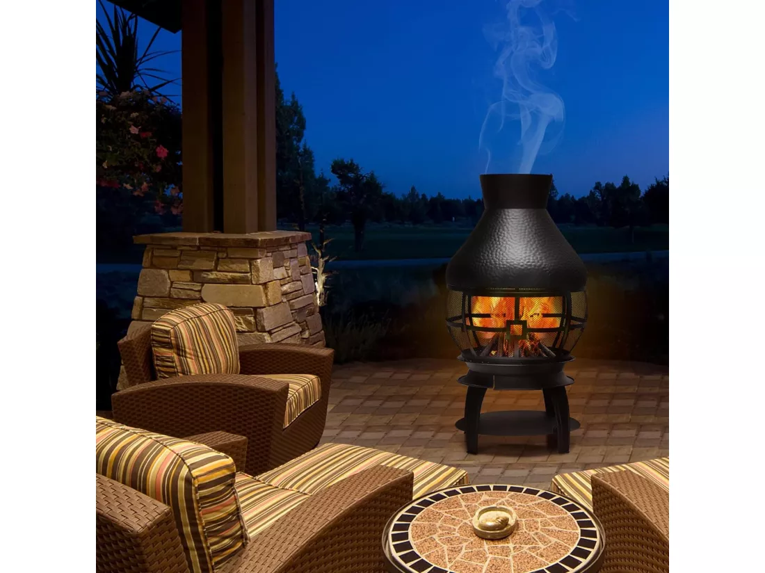 Brasero Foyer Extérieur avec Grille à Bûches en 2 Pièces, Cheminée à Bois Capuchon de Pluie et Tisonnier Couvercle en Maille Ignifuge à 360°, pour Jardin Camping Barbecue