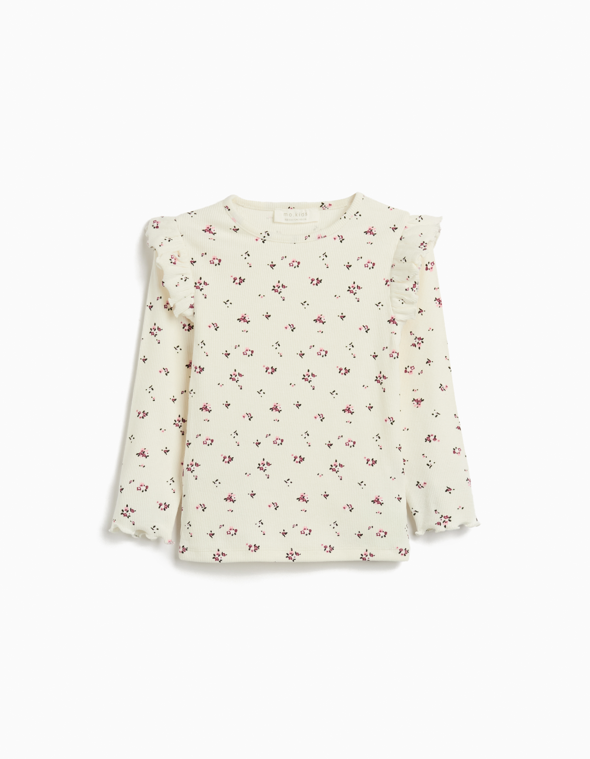 T-shirt de Manga Comprida com Folhos, Menina, Branco