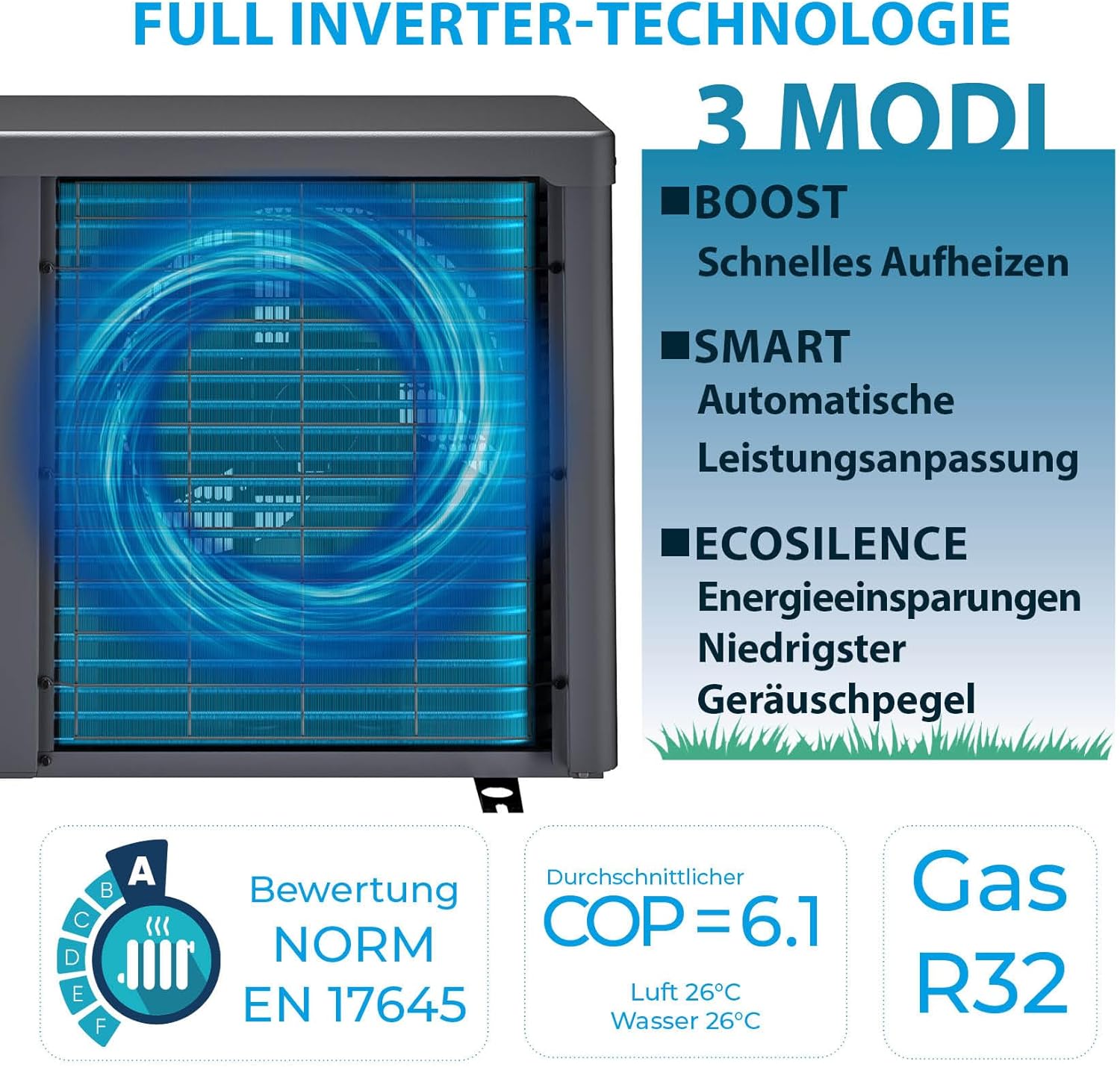Gre HPGIC45 - Full Inverter-Wärmepumpe für Pools bis zu 45 m³, iAqualink+ App-Steuerung und hohe Energieeffizienz